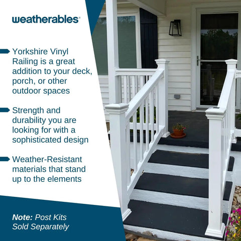 Premium White Vinyl Porch And Deck Railing Kit For Balconies Patios And Outdoors, installed on steps with weather-resistant design.