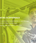 Cyclist using a Delta bike storage with text about features and experience, showcasing bike stand details.