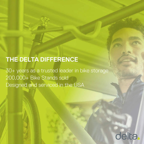 Cyclist using a Delta bike storage with text about features and experience, showcasing bike stand details.