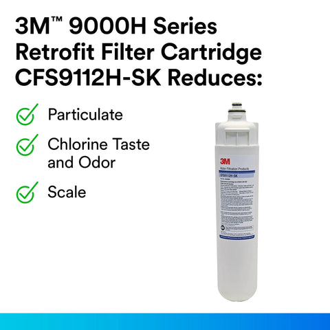 Heavy Duty Retrofit Filter Cartridge With No Sweat Quick Install Compatible With Select Systems NSF Certified, 3M 9000H series, slim white design.