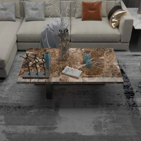 Living room with a table covered in Peel And Stick Brown Marble Contact Paper For Countertops And Shelves, realistic granite look.