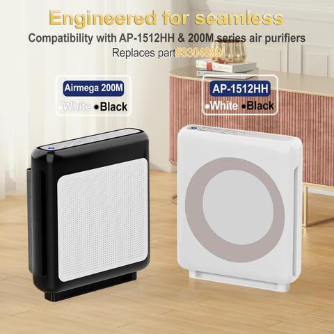 Black and white Airmega AP-1512HH purifiers compatible with AP-1512HH Replacement Filter Set For Coway Airmega Purifiers With One True HEPA Filter And Three Activated Carbon Pre-Filters For A Full Year Of Fresher Air Odor Control And Quiet Operation Precision Fit For AP-1512HH-FP And 200M Replaces OEM 3304899 on a wooden floor