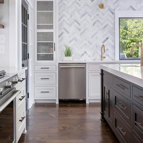 Modern kitchen with dark wooden cabinets featuring 20 Pack Oil Rubbed Bronze Solid Cabinet Handles Drawer Pulls 5.38 Inches Long