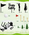 21 Piece Golf Cake Decorations Kit Featuring Mini Golf Cart Toy Acrylic Flags And Lush Green Trees, showing included items.