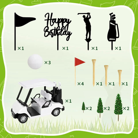 21 Piece Golf Cake Decorations Kit Featuring Mini Golf Cart Toy Acrylic Flags And Lush Green Trees, showing included items.