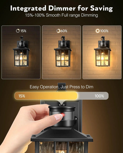 Black Motion Sensor Outdoor Porch Light With Dusk To Dawn Modern Wall Mount Sconce showing dimming feature and control knob.