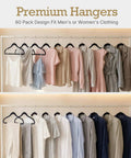 Black Velvet Non Slip Hangers 60 Pack Heavy Duty Clothes Hangers With Premium Slim Design For Coats Suits Jeans And More Space Saving Closet Organizer 360 Degree Rotating Silver Hook holding assorted clothes.
