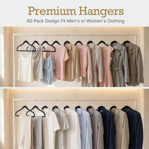 Black Velvet Non Slip Hangers 60 Pack Heavy Duty Clothes Hangers With Premium Slim Design For Coats Suits Jeans And More Space Saving Closet Organizer 360 Degree Rotating Silver Hook holding assorted clothes.