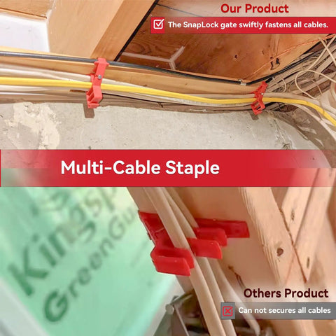 Heavy Duty Multi Cable Staples For Romex And Ethernet securing multiple wires in a home improvement setup.