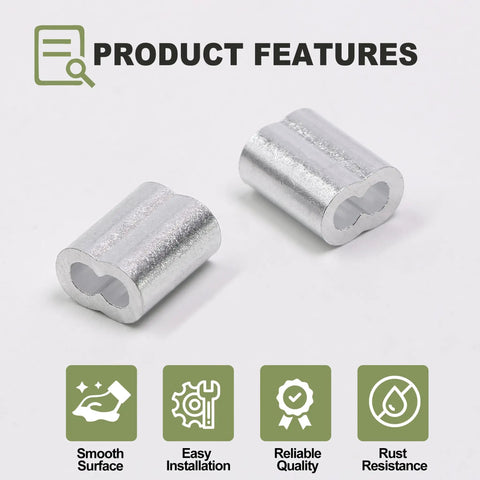 100 Pcs M2 Aluminum Crimp Sleeves For Wire Rope Ends Double Barrel Ferrules Easy Install Loop Crimps, close-up