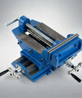 6 Inch Cross Slide Drill Press Vise Built Like A Tank Of Solid Cast Iron with adjustable handles for precision drilling.