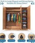 Zero Hassle Heavy Duty Magnetic Push To Open Cabinet Latches With Complete Hardware Kit For Drawers Closets Pantries Straight Up Smooth Pop Out Touch Catch Black installed in a wooden closet with clothes.