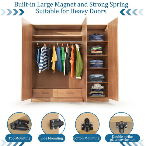 Zero Hassle Heavy Duty Magnetic Push To Open Cabinet Latches With Complete Hardware Kit For Drawers Closets Pantries Straight Up Smooth Pop Out Touch Catch Black installed in a wooden closet with clothes.