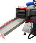 Automatic Desktop Conveyor Roller Labeling Machine For Round Bottles Handles Glass And Plastic Containers At Twenty To Sixty Per Minute Adjustable Guide Rails Emergency Stop Button No Sweat Operation showing detailed dimensions.
