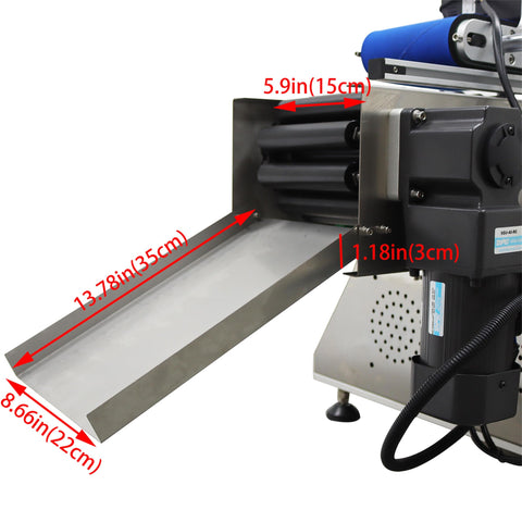 Automatic Desktop Conveyor Roller Labeling Machine For Round Bottles Handles Glass And Plastic Containers At Twenty To Sixty Per Minute Adjustable Guide Rails Emergency Stop Button No Sweat Operation showing detailed dimensions.