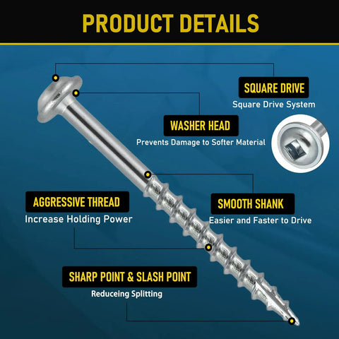 Diagram of a 600Pcs Size 8 By 1 Inch Pocket Hole Screw, zinc coated, with washer head, square drive, and coarse thread.