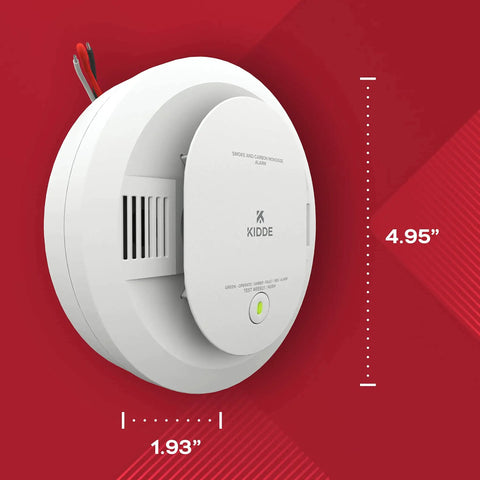 Side view of hardwired smoke and carbon monoxide detector with voice alerts, interconnectable, LED indicators, AA battery backup.