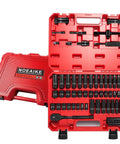 3/8-Inch Drive Impact Socket Set With 95 Pieces in red case including deep and shallow metric and SAE sockets, ratchet handle, Cr-V material.