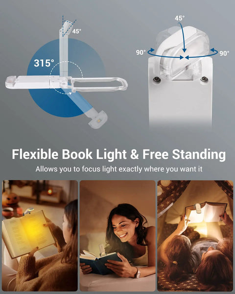USB Rechargeable Book Reading Light With 3000K Warm White, adjustable angles, showing flexible clip-on design for easy use