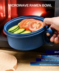 Ramen Cooker Microwave Bowl 48 Oz Ramen Noodle Bowl For Dorm Rooms And Apartments BPA Free Pink with vegetables inside and hand