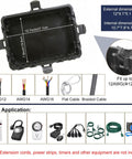 Heavy Duty Large Outdoor Electrical Box IP54 Waterproof Weatherproof 12x9x5 Inch Box Built To Handle 8 Cable Ports Protecting Power Strips, Extension Cords, Surge Protectors, Timers, Large Adapters And Above Ground Pool Accessories. Black plastic box interior, 12x9.1x5.1 in