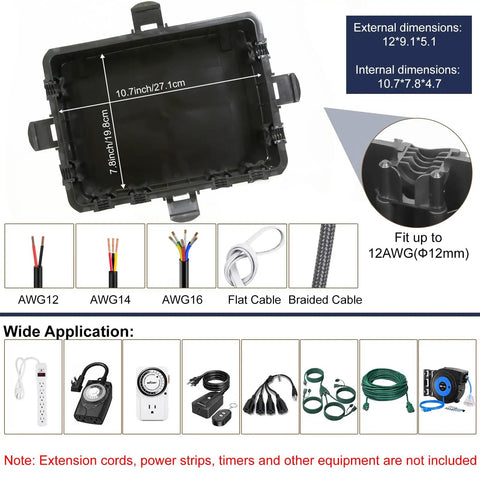 Heavy Duty Large Outdoor Electrical Box IP54 Waterproof Weatherproof 12x9x5 Inch Box Built To Handle 8 Cable Ports Protecting Power Strips, Extension Cords, Surge Protectors, Timers, Large Adapters And Above Ground Pool Accessories. Black plastic box interior, 12x9.1x5.1 in