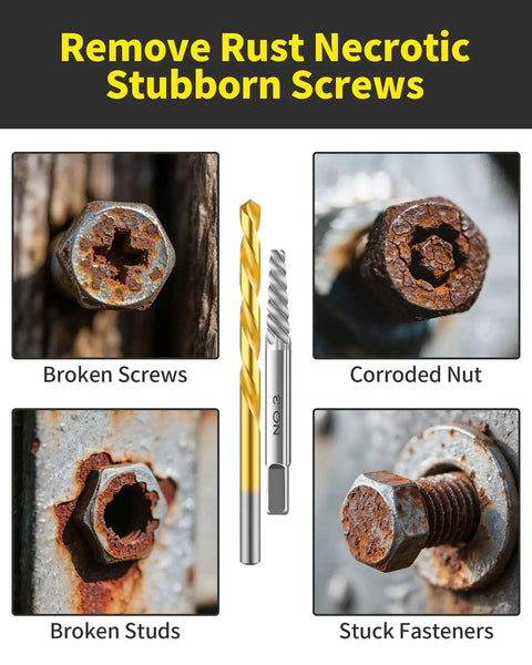 16 Piece Screw Extractor Set With Left Handed Drill Bits For Stripped Damaged Rusted Or Rounded Off Screws And Bolts No Nonsense Easy Out Bolt Remover Kit For Home Shop And Auto Repairs displaying usage with broken screws, corroded nut, broken studs, stuck fasteners.