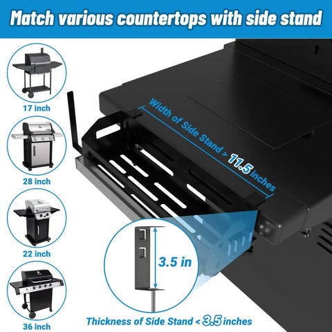 Griddle Caddy Organizer For 28 Inch And 36 Inch Griddles Prep Cart, metal side stand with dimensions for BBQ grill storage