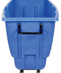 Front view of Blue Plastic Tilt Dump Cart With Half Cubic Yard Capacity And 450 Lb Load Rating featuring a black handle and wheels.