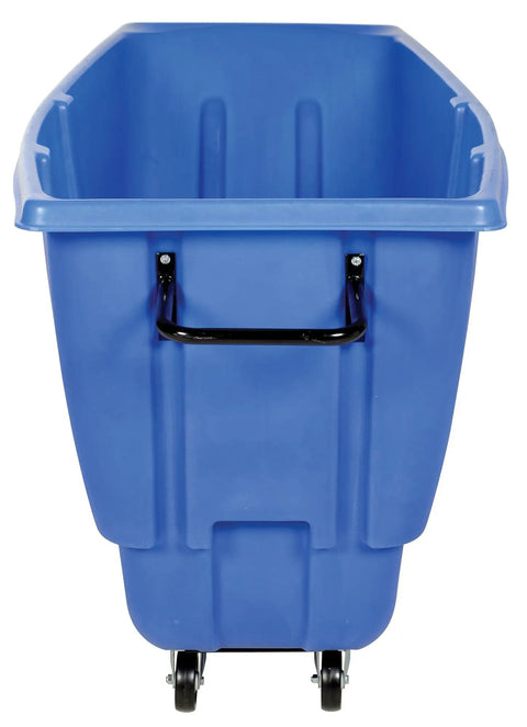 Front view of Blue Plastic Tilt Dump Cart With Half Cubic Yard Capacity And 450 Lb Load Rating featuring a black handle and wheels.