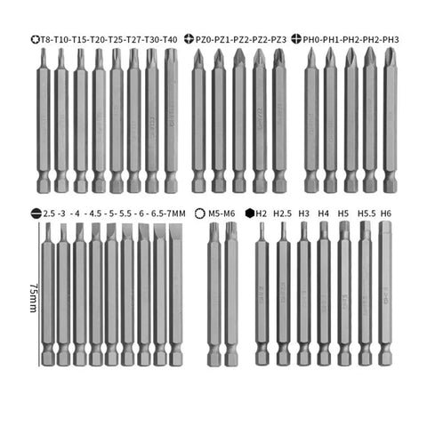 Get That 36 Piece Extra Long Screwdriver Bit Set With Torx Star Hex Spline Heads And Magnetic Tips Stored In A Thick PP Toolbox For Your Garage Or Road Rigs Without The Hassle, 75mm chrome vanadium steel bits set