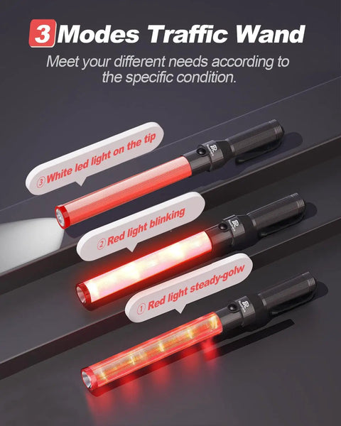 4 Pack 16 Inch LED Traffic Batons with white tip light showing 3 flashing modes for high visibility safety.