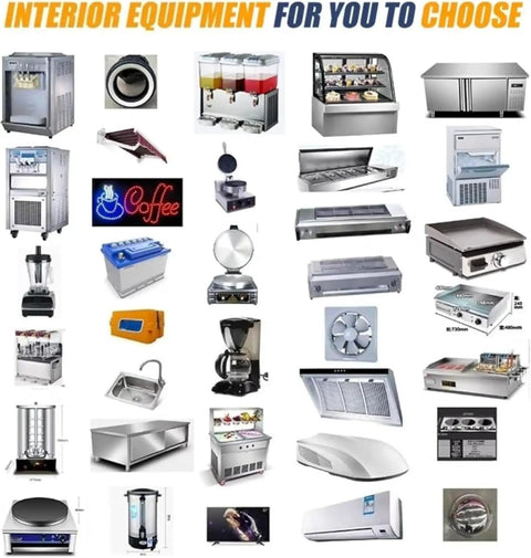 Interior equipment options for fully equipped mobile food trailer kitchen for fast food and dessert concession cart.