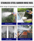 Heavy Duty Portable Wall Mount Garden Hose Reel With Durable Stainless Steel Hand Crank And One Half Inch Blue Hose being used for car washing.
