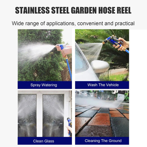 Heavy Duty Portable Wall Mount Garden Hose Reel With Durable Stainless Steel Hand Crank And One Half Inch Blue Hose being used for car washing.