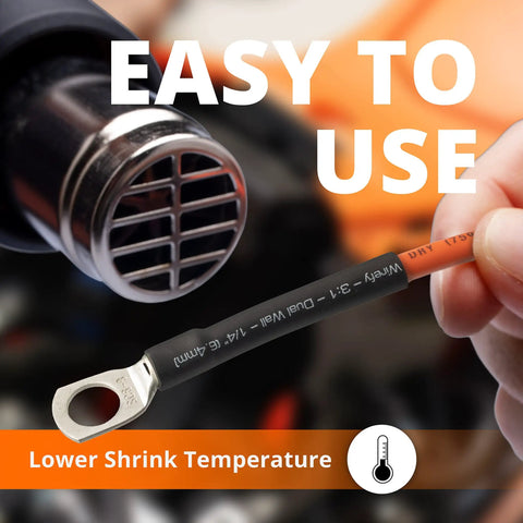 Heavy Duty Heat Shrink Tubing One Quarter Inch 3 To 1 Shrink Ratio With Adhesive Dual Wall Waterproof Seal Black 50 Feet Roll For Auto And Electrical Wiring Oil And Water Proof UL Certified on wire terminal