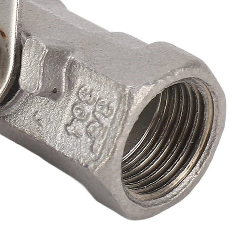 Close-up of 3/8 Inch Full Port Stainless Steel Ball Valve featuring durable crush proof body and threaded end.