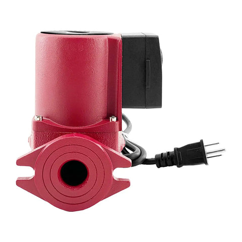 Rock Solid Three Speed Circulator Pump For Home Heating Systems With 115 Volt Motor And Cast Iron Housing, front view.