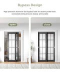 Bypass Double Sliding Pocket Door Hardware Kit 4ft Aluminum Track For 2 Door System, shown in open and closed positions.
