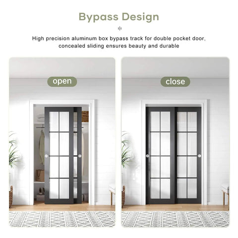 Bypass Double Sliding Pocket Door Hardware Kit 4ft Aluminum Track For 2 Door System, shown in open and closed positions.