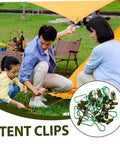 Family using heavy duty tarp clips and tent clamps weatherproof plastic for lock tight fastening of awnings in camping setup