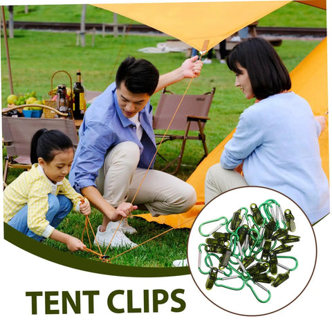 Family using heavy duty tarp clips and tent clamps weatherproof plastic for lock tight fastening of awnings in camping setup