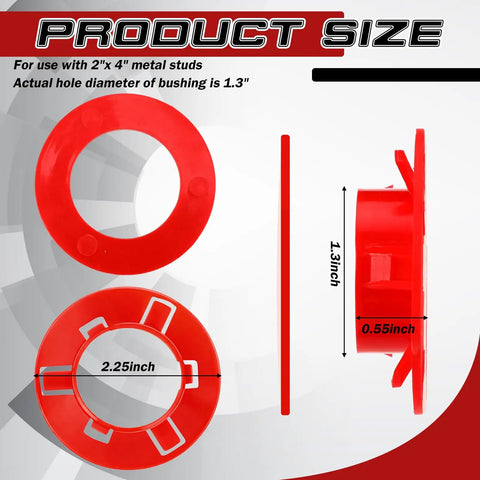 100 Pack Red Plastic Bushings For 2x4 Inch Metal Studs Grommet Protector With Stud No Fuss Rustproof And Corrosion Resistant Protect Wire Insulation From Sharp Edges And Smooth Wire Pulling, size 1.3 inch
