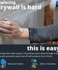 Hand touching drywall with text on detecting water leaks, promoting Smart Home Starter Kit With Hub And Three Water Leak Sensors.