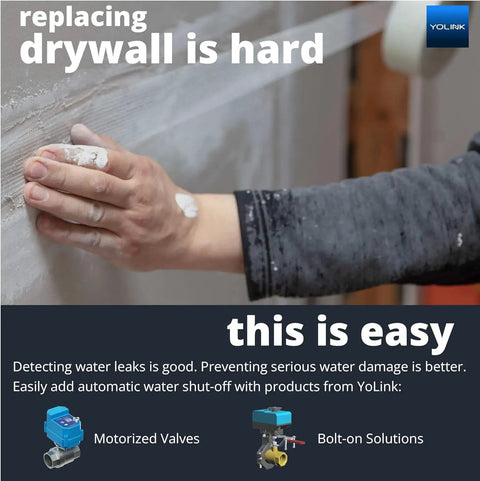 Hand touching drywall with text on detecting water leaks, promoting Smart Home Starter Kit With Hub And Three Water Leak Sensors.