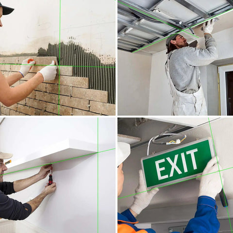 Top Tier 4D Green Laser Level With 360 Self Leveling Cross Lines used in drywall installation and mounting signs.