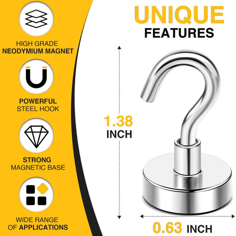 Heavy Duty Magnetic Hooks For Hanging Cubicle Accessories And More, 30 Lb Capacity, N52 Strength Magnets, No Drill Needed, Ideal For Office, Classroom, Kitchen, Beach, Boats, 28 Pack Silver, featuring measurement and features list.