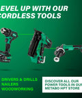 Cordless tools including drill, nailer, and saw, green accent design on green background, promoting power tool set benefits.