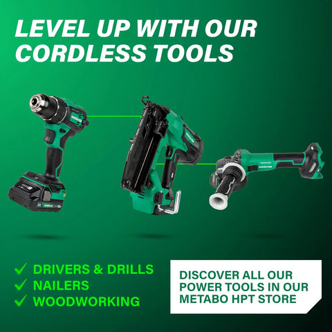 Cordless tools including drill, nailer, and saw, green accent design on green background, promoting power tool set benefits.
