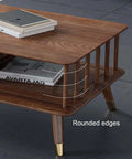 Top Shelf Retro Coffee Table For Living Room With Spacious Lower Shelf And Smooth Drawer Slides Mid Century Modern Wood Cocktail Table Featuring Rustic Brown Finish showing rounded edges and books.